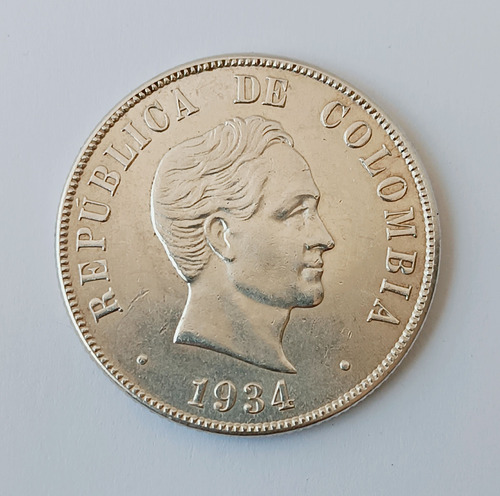 Moneda Colombia 50 Centavos 1934 Plata Ley 0.900