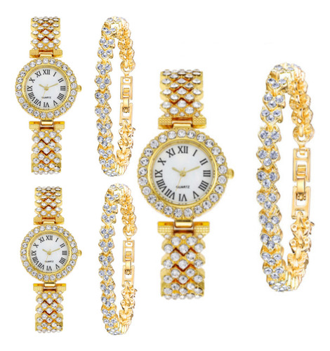 Elegante Reloj De Pulsera De Diamantes Para Mujer De 3 Sets