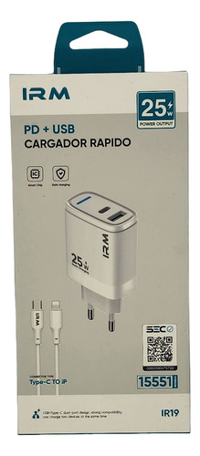 Cargador 25w Pd + Cable Usb Tipo C A Lightning Certificado