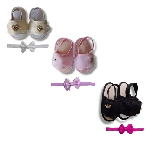 comprar Kit 6 Peças - 3 Sandália Pompom + 3 Tiara Bebê Sapatinho