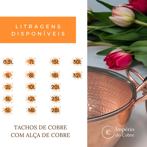 Tacho De Cobre Puro 12 Litros Com Tampa De Vidro Alças Cobre