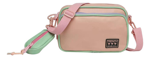 Morral Bandolera Trendy C/ Correa Ajustable + Monedero New Color Rosa/verde Diseño De La Tela Liso