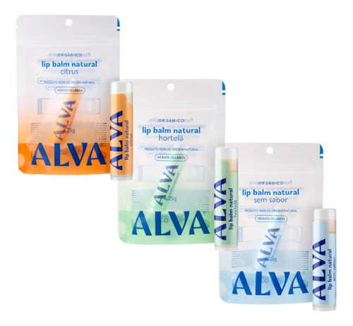 Kit 3un Lipbalm Orgânico Alva - Natural Citrus Hortelã 4,25g
