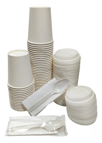 Kit Café 50 Vasos De 8oz Con Tapa, Cuchara Y Servilleta Blanco
