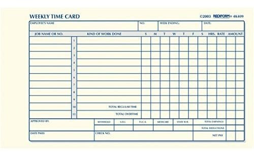 Rediform Tarjeta De Tiempo Del Empleado, Semanal, 4,25 X 7 P