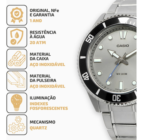 Relógio Casio Duro Masculino Analógico Fundo Cinza 200m Aço Prateado Prateado Cinza
