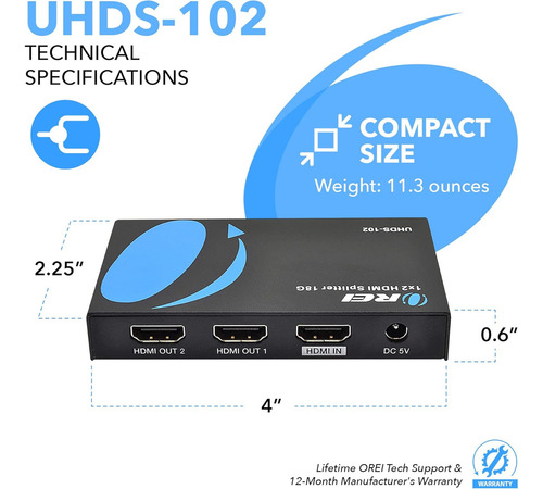 Divisor Hdmi Orei Ultrahd 4k 60 Hz 1 X 2 - 1 Entrada 2 Salidas 2 Puertos 2: 8 Bits - Hdmi 2.0, Hdcp 2.0, 18 Gbps, Edid, Pantallas 4k Duplicadas/espejo - Uhds-102