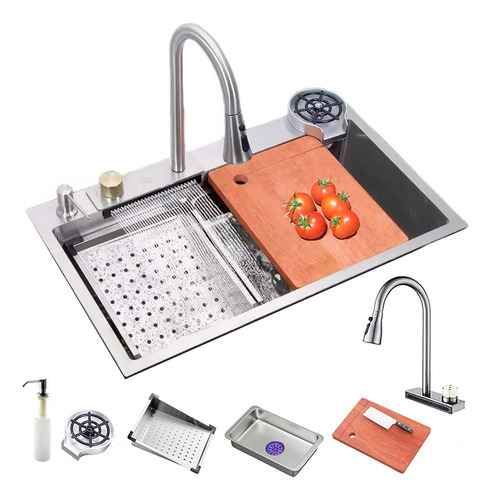 Cuba Cascata Premium Revomax Cor Prata Completa Com Acessórios Torneira Monocomando E Lavador De Copos Para Cozinha Gourmet Em Aço Inox 304