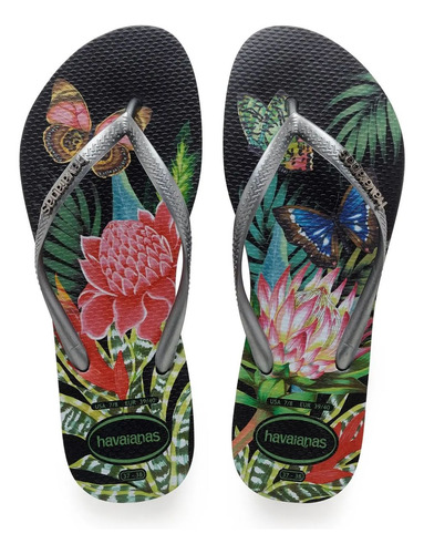 Sandalias Havaianas Dama Tropical Color Negro Con Plateado