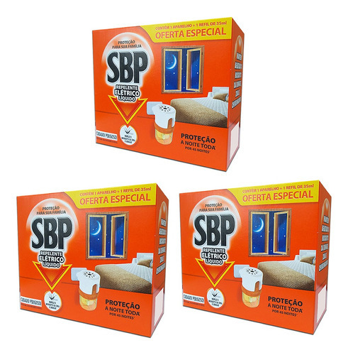 Kit 03 Un  Repelente Elétrico Sbp 45 Noites Aparelho + Refil