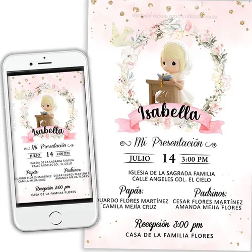 comprar Invitacion Niña Presentación, 3 Años, Confirmación Digital