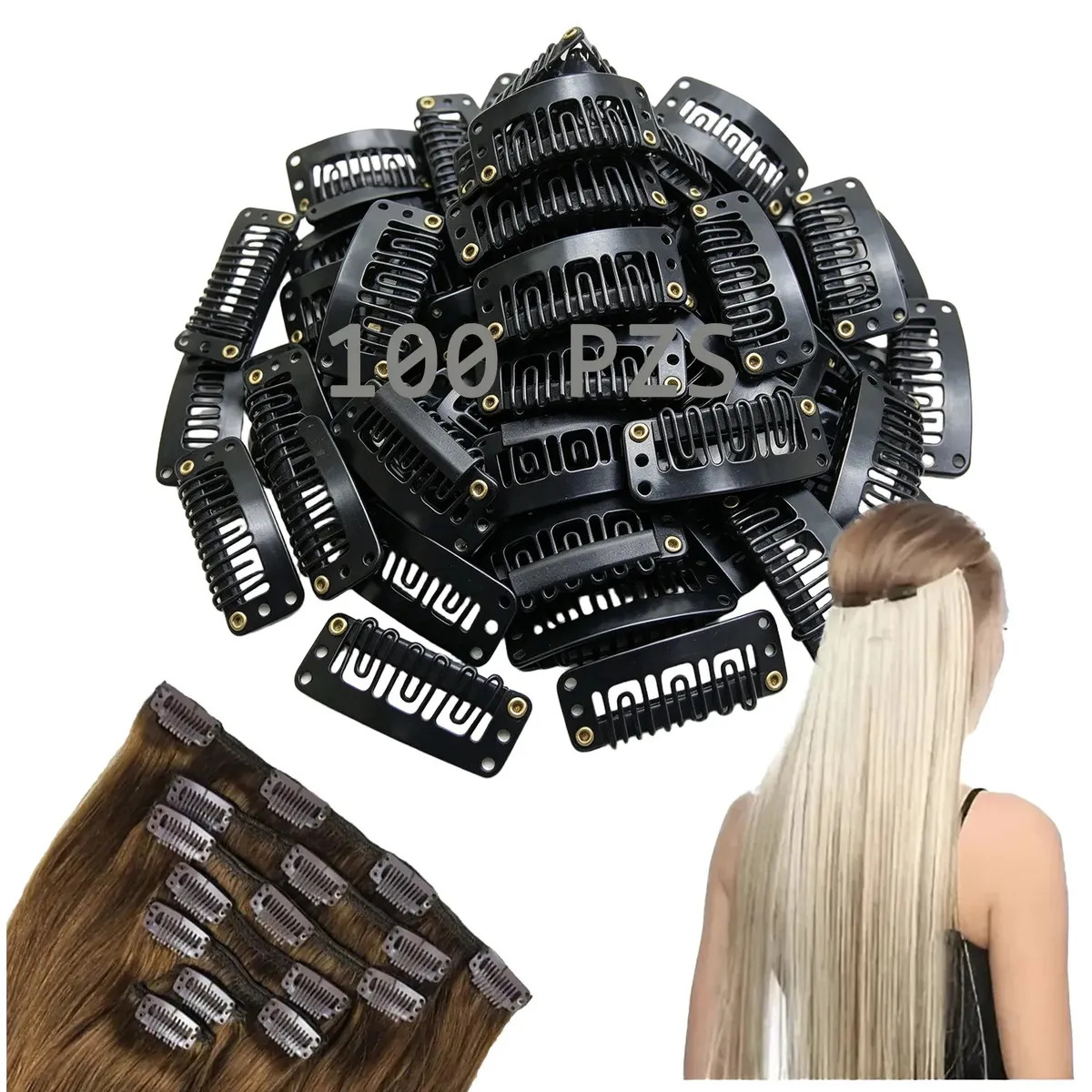 100 broches para extensiones de cabello Cucas pelucas Clip Negro