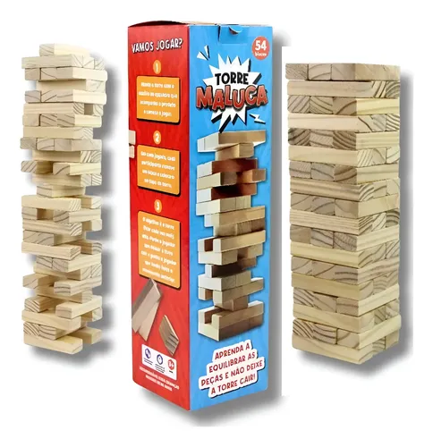 Jogo Torre Maluca Brinquedo De Mesa Equilíbrio Madeira Pinus