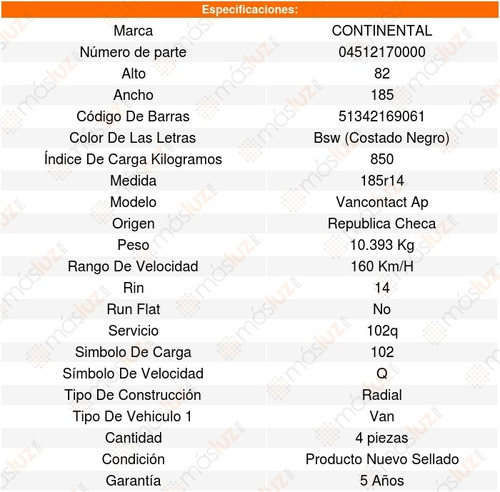 Set 4 Llantas 185r14 102q Continental Vancontact Ap