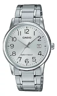 Reloj pulsera Casio Enticer MTP-V002 de cuerpo color plateado, analógico, para hombre, fondo plateado, con correa de acero inoxidable color plateado, agujas color plateado, dial negro, minutero/segund