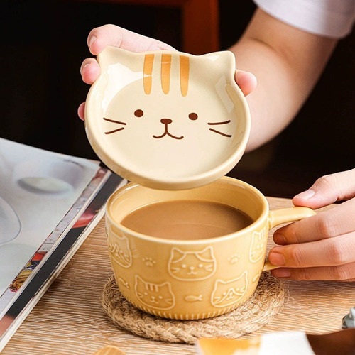 Taza De Cerámica Con Plato Y Grabado 3d Kawaii