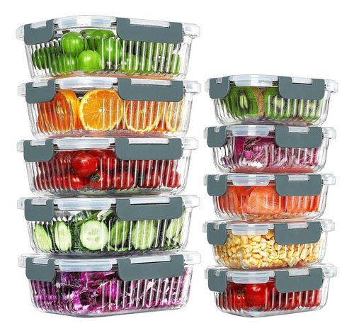 U Chef Juego De 10 Recipientes De Vidrio Herméticos Con Tapa Color Transparente