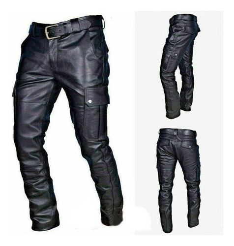 Pantalones De Cuero Pu Punk Con Fondo Plano Para Hombre