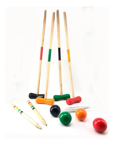 Juego De Croquet Madera Pintada Palos 75cm Arco Estaca Lelab