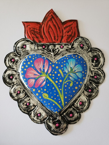 Corazón Mexicano Repujado Y Pintado A Mano, Azul