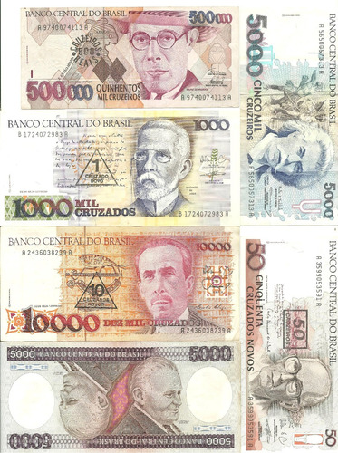 Brasil: 6 Billetes De Cruzeiros Y Cruzados Excelente Y M/b