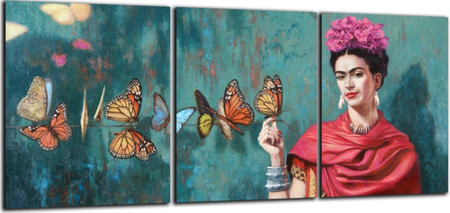 Cuadro Triptico Frida Kahlo Mariposas 90x40cm