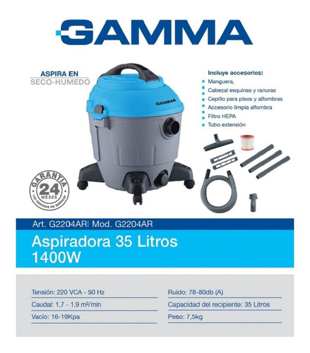 Imagen 3 de 7 de Aspiradora Gamma Polvo Liquido 35 Lts 1400w Hogar G2204