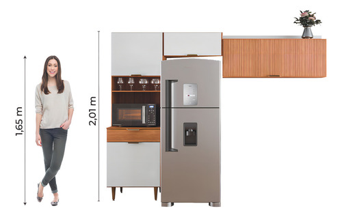 Armário de Cozinha Completa 4 Portas Ripado 3D 1 Gaveta Nicho Para Micro Ondas Madeirado/Off White Vitória Batrol