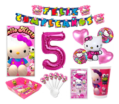 Kit Decoración Hello Kitty X12 Niños + Bouquet + Numero