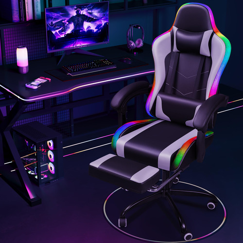 Shahoo Silla De Juegos Con Luces Led Rgb Reposapiés Y Blanco Material Del Tapizado
