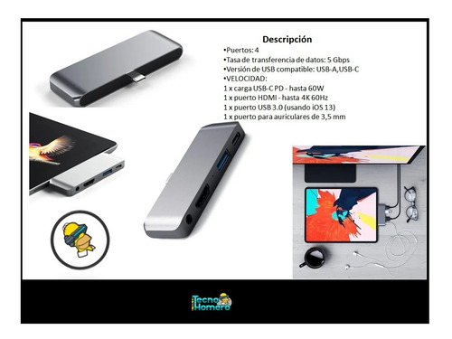 Hub Adaptador Satechi Usb-c Hdmi 4k, Usb 3.0/jack 3.5mm Caba