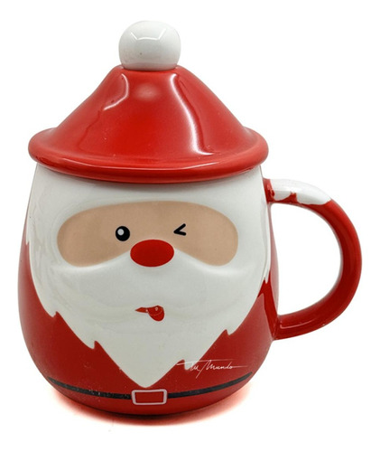 Taza Navideña Roja Papa Noel Con Tapa Y Cuchara 