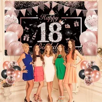 Comprar Decoraciones para 18.° cumpleaños niñas, globos oro rosa, globos de 18.° cumpleaños con pancarta negra, decoraciones para la fiesta del 18.° cumpleaños de niños, decoraciones para 18.° aniversario