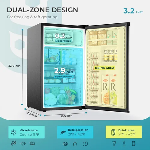 Euhomy - Minirefrigerador De 3.2 Pies Cubicos Con Congelador