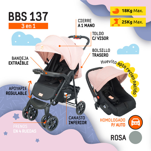 Coche Paraguita Bebe Infantil Cuna Reforzado Con Huevito Color Rosa Claro Bipo Kids