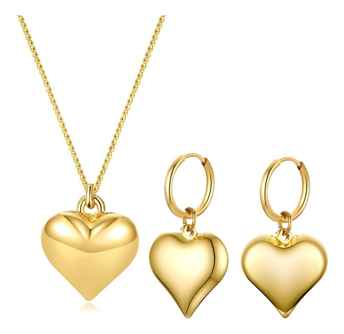 Set Collar + Aretes Corazón Golden Baño Oro Regalo 