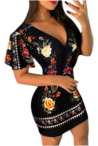 8g Vestido De Mujer Ajustado Con Estampado De Flores Y Cuell