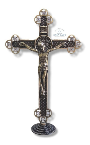 Crucifixo Pedestal Metal Dourado Cruz Medalha São Bento 25cm