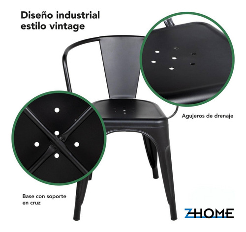 Silla De Comedor Con Apoyabrazo Tolix Zhome X4 Reforzada De Hierro Estructura De La Silla Negro Asiento Negro Diseño De La Tela Metal