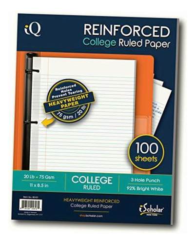 Ischolar Reinforced Filler Paper, College Ruled, White, 100
