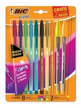 Comprar Bolígrafos Lapiceras Biromes Bic Cristal Fashion Blister X 8 Colores Surtidos + 2 Neon