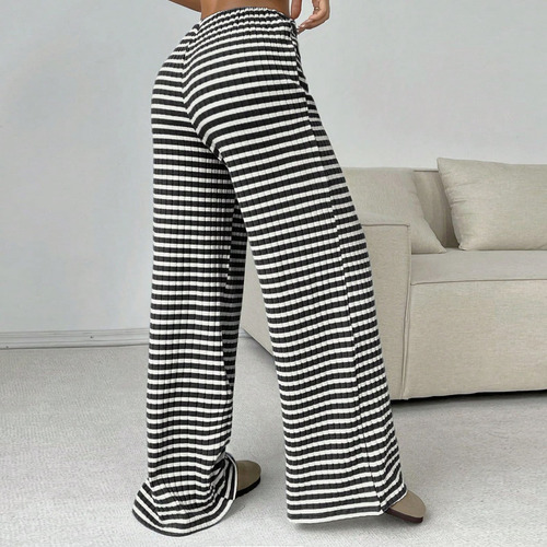 Calças Femininas, Moda Casual, Listrada, Elástica, Cordão, S