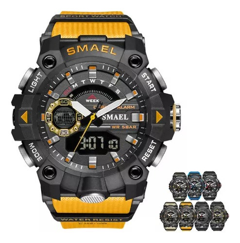 Reloj impermeable Smael para hombre con correa naranja y luz LED de color naranja