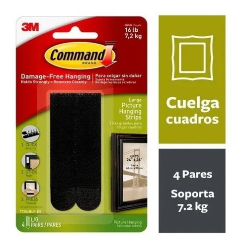 Tiras Colgar Cuadros 3m Negro Grande Command No Daña Pared