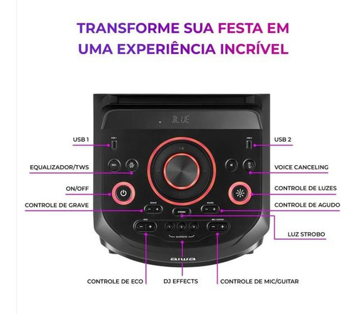 Torre De Som Aiwa T2w-02 2300w 2woofers10 Bluetooth Rgb Usb