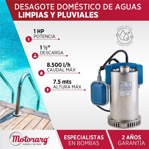 Imagen 2 de 11 de Bomba Desagote Agua Limpia Motorarg Sd Inox750 1 Hp