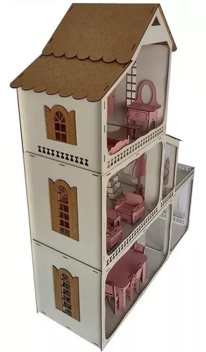 Casa Casinha Da Barbie + Garagem em Mdf Rosa e Branco Com 22