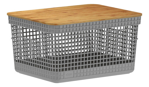 Cesto Organizador Grid C/ Tampa De Bambu 8l Chumbo Ou Cor Cinza