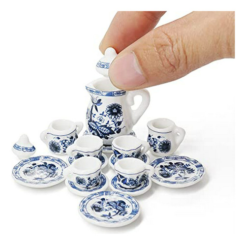 Juego De Té En Miniatura , 15 Piezas, Porcelana, Azul Loto