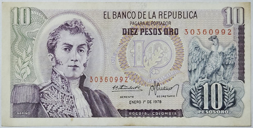 Billete 10 Pesos 01/ene/1978 Colombia Xf